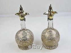 Magnificent PAIR SILVER-GILT & GOLD ENGRAVED GLASS DECANTERS, London 1841 CR/WS