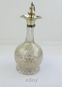 Magnificent PAIR SILVER-GILT & GOLD ENGRAVED GLASS DECANTERS, London 1841 CR/WS