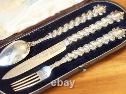 Ornate Victorian 1850 Hm Antique Silver Christening Cutlery Set Original Box