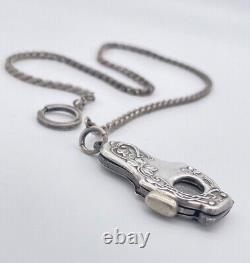 Ornate Victorian Sterling Silver Cigar Cutter Pocket Watch Fob with Chain Signed