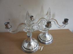 Pair Hawkes Antique Sterling Silver base crystal prism candelabras candle holder