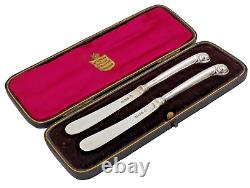 Pair Victorian Antique Solid Silver Quality Butter Spreaders in Leather Case