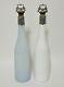 Pair Of Antique Victorian Milk Glass Decanters With White Metal Silver Stoppers
