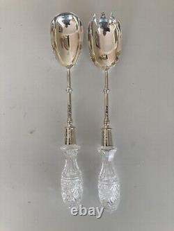 Pair of Victorian Solid Silver / Glass Handled Salad Servers shell bowls