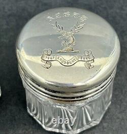 Pair of Victorian silver & glass jars London 1883 Hicks family crest