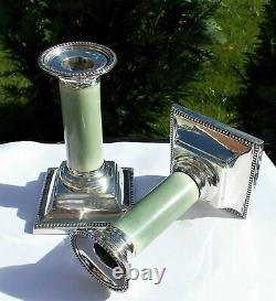 RARE PAIR VICTORIAN Martin Hall & Co SOLID SILVER & GREEN STAINED CANDLESTICKS