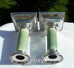 RARE PAIR VICTORIAN Martin Hall & Co SOLID SILVER & GREEN STAINED CANDLESTICKS