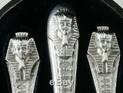 Rare Egyptian Revival 3 Piece Silver Cutlery Christening Set Cased 1873 pharaoh