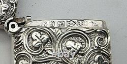 Rare Embossed Shamrock Design Antique Sterling Silver Vesta Case Chester 1886