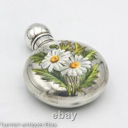 Rare Sampson Mordan solid sterling silver enamel daisy flower flask perfume 1890