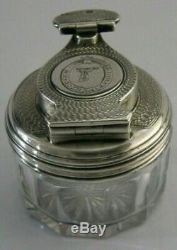 Rare Victorian Sterling Silver Glass Travelling Inkwell 1846 Macaulay Crested