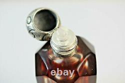 Red Glass Embossed Silver Top Scent Perfume Bottle Red Glass overlay & stopper
