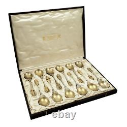 SET OF 12 ANTIQUE VICTORIAN SILVER GILT TEASPOONS in CASE 1888