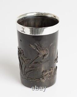Sampson Mordan & Co Antique Carved Horn & Silver Aesthetic Movement Cup/Tumbler