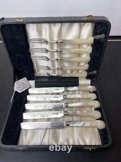 Set 10 Victorian Sterling Silver & Mother Pearl Dessert Cutlery Joseph Rodgers