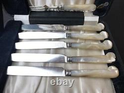 Set 10 Victorian Sterling Silver & Mother Pearl Dessert Cutlery Joseph Rodgers