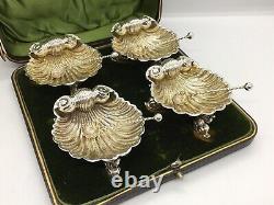 Set Of four Victorian Solid Silver Shell Salts on Raised Dolphin Feet boxed