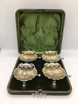 Set Of four Victorian Solid Silver Shell Salts on Raised Dolphin Feet boxed