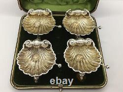 Set Of four Victorian Solid Silver Shell Salts on Raised Dolphin Feet boxed