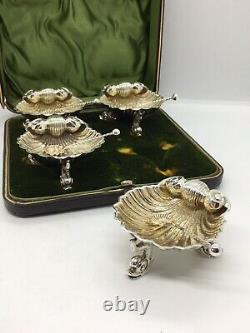 Set Of four Victorian Solid Silver Shell Salts on Raised Dolphin Feet boxed