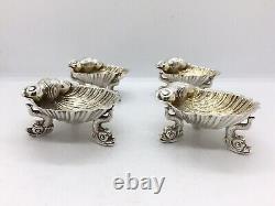 Set Of four Victorian Solid Silver Shell Salts on Raised Dolphin Feet boxed