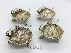 Set Of four Victorian Solid Silver Shell Salts on Raised Dolphin Feet boxed