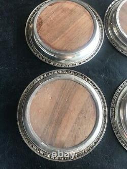 Set of 9 Vintage Sterling Silver and Wood Round Drink Coasters. Rare