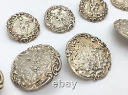 Set of Nine Antique Victorian Solid Sterling Silver Buttons with Classical Scene