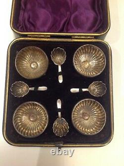 Silver Salts Victorian Cased Set, Four with Spoons, John Round & Son, Sheffield