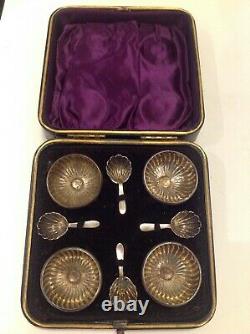 Silver Salts Victorian Cased Set, Four with Spoons, John Round & Son, Sheffield