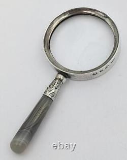 Small Victorian Sterling Silver & Agate Handle Magnifying Glass 1893