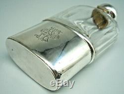 Smart Antique Victorian Solid Sterling Silver & Glass Hip Flask 1899