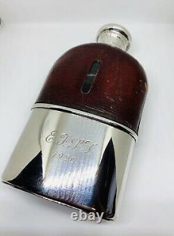 Solid Silver Victorian Leather Bound Glass Hip Flask Dated 1882