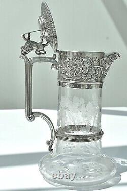 Splendid Victorian Silver Plate Claret Jug, Elkington & Co, Vine Engraved Glass