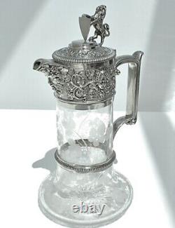 Splendid Victorian Silver Plate Claret Jug, Elkington & Co, Vine Engraved Glass