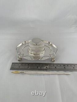 Sterling Silver INKWELL & QUILL 1909 Sheffield HENRY WIGFULL Edwardian ANTIQUE