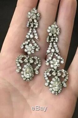 Stunning Antique Victorian Solid Silver Diamond Paste Long Drop Bow Earrings