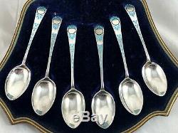 Stunning Victorian Enamelled Sterling Silver Spoons In Box Sheffield 1881
