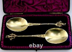 Stunning Victorian Sterling Silver Religious Serving Spoons 1875 Antique Cased