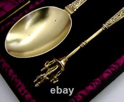 Stunning Victorian Sterling Silver Religious Serving Spoons 1875 Antique Cased