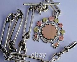 Stunning Victorian solid silver pocket watch albert chain with silver & gold fob
