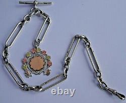 Stunning Victorian solid silver pocket watch albert chain with silver & gold fob