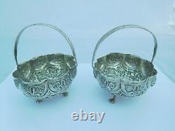 Superb Pair Of Victorian Solid Silver Kutch Colonial Swing Handled Baskets