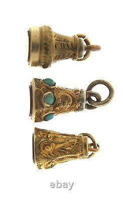 Three Rare Antique Victorian Miniature Gold Cased Gemstone Pendant Seal Fobs
