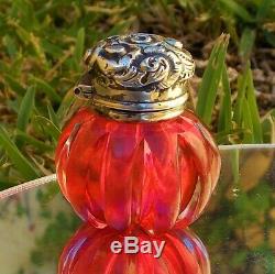 Unique Victorian Solid Silver & Red Pumpkin Design Cut Glass Vinaigrette Bottle