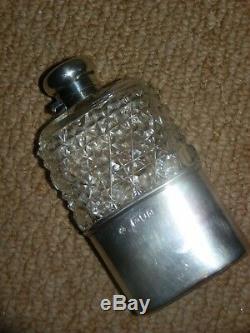 VICTORIAN HALLMARKED SILVER CUT GLASS. HIP FLASK. London 1899 WILLIAM HUTTON