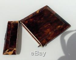 VICTORIAN SOLID SILVER MOUNT CARTOUCHE AND Faux BLONDE TORTOISE SHELL CARD CASE