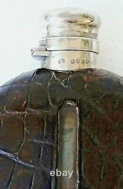 Victorian Antique Silver Crocodile Leather Flask Hallmarked 1883 Sampson Mordan