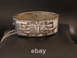 Victorian Antique Solid 925 Sterling Silver Aesthetic Double Buckle Bangle
