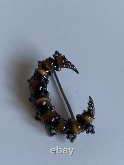 Victorian Antique Solid Silver Tigers Eye & Seed Pearl Brooch